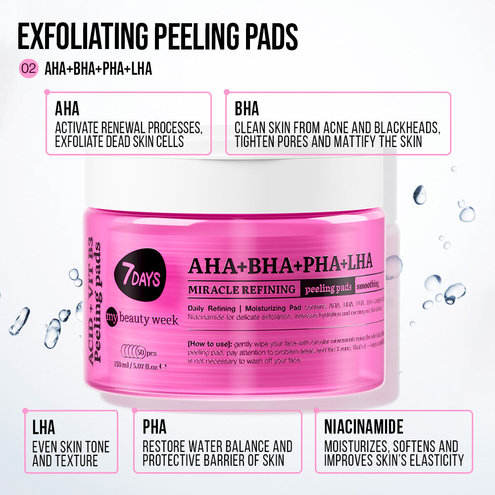 7DAYS | AHA+BHA+PHA+LHA Miracle Refining | Hreinsipúðar fyrir andlit |