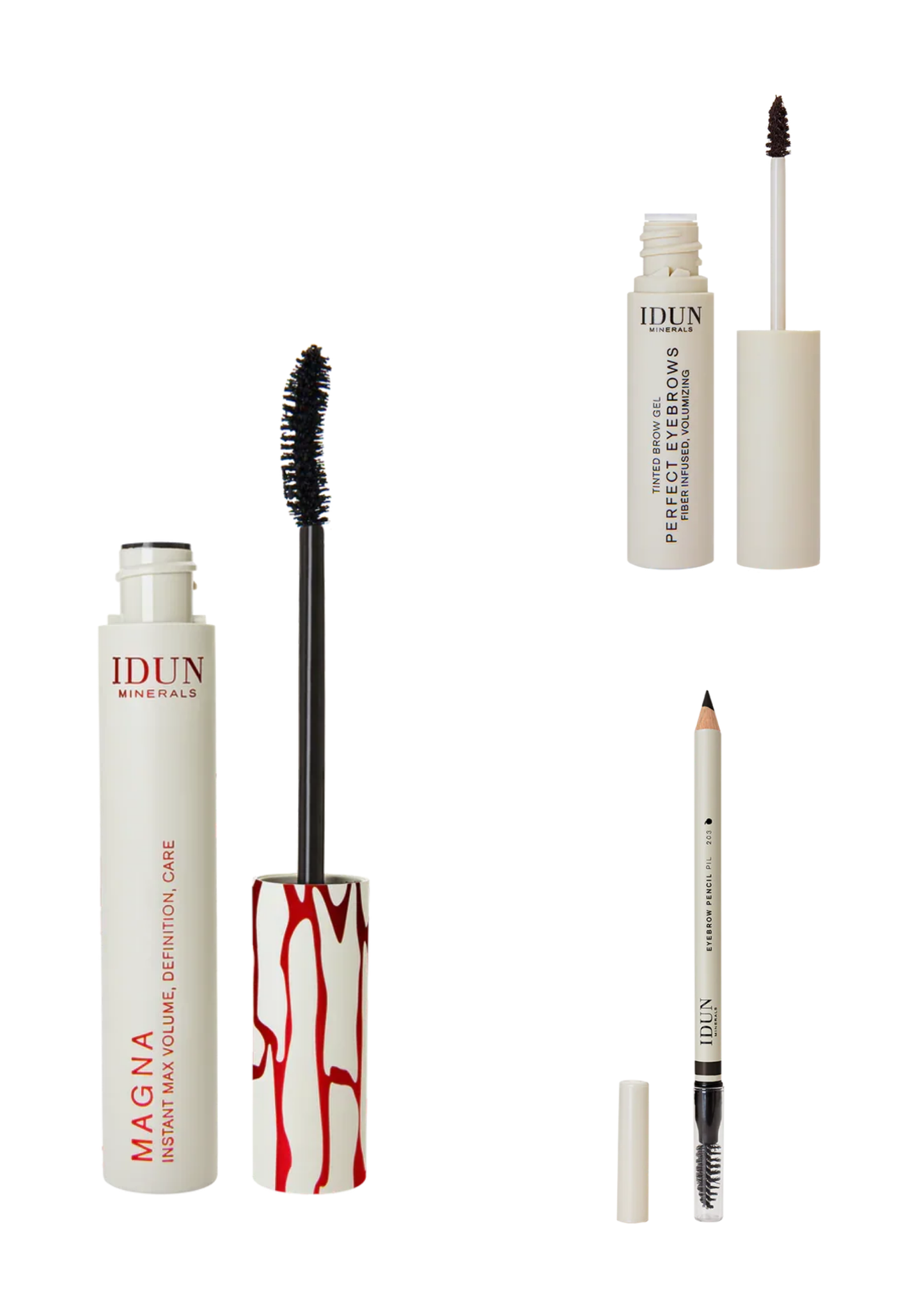Augu og brúnir | IDUN Minerals | MASCARA MAGNA | PERFECT EYEBROW GEL, dökkt | EYEBROW PENCIL, PIL | Dark Brown